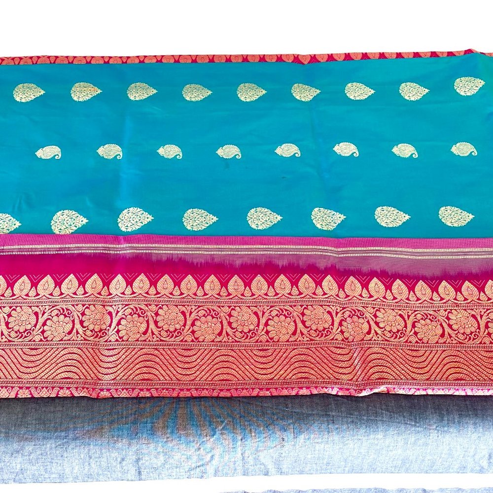 Green Blue Pure Silk Saree with Pink border